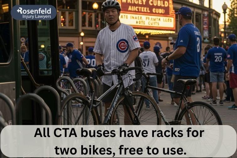 Cyclist boarding a CTA bus with a bicycle in Chicago