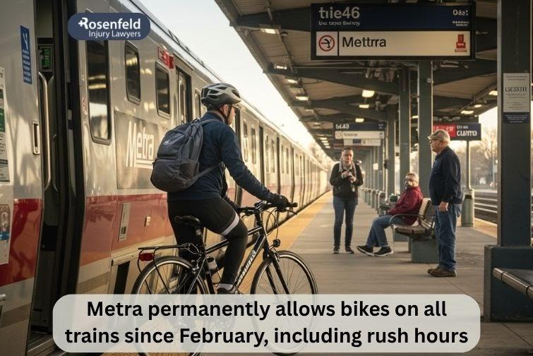 Cyclist boarding a METRA train with a bicycle in Chicago