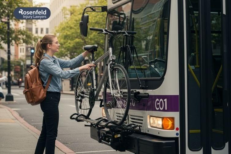 Cyclist boarding a PACE bus with a bicycle in Chicago