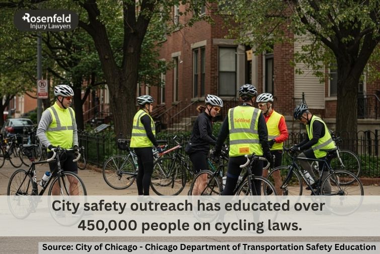 Chicago cyclists learning about bike safety and legal protections from an attorney.
