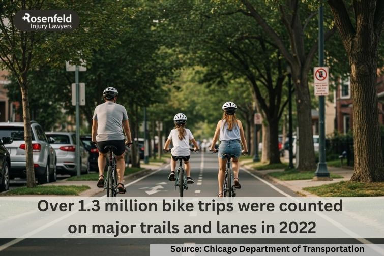 A cyclist riding in a Chicago bike lane while learning about legal protections.