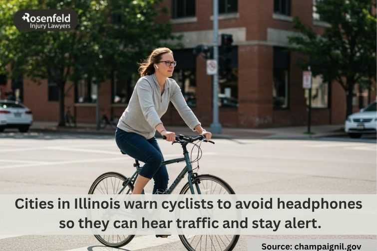 Bike rider in Illinois adjusting earbuds while waiting at a traffic light
