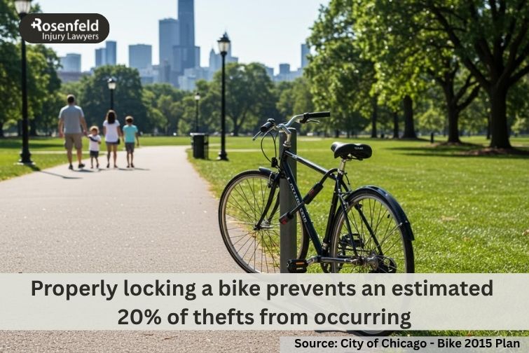 A cyclist locking their bike securely to a bike rack in Chicago to prevent theft.