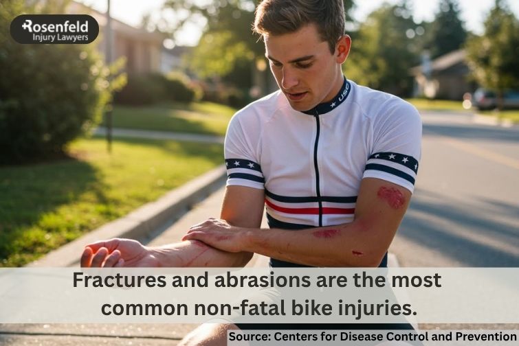 Common bike accident injuries, including fractures, head trauma, and road rash.
